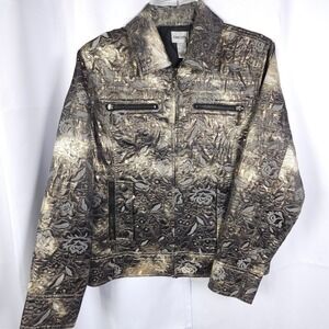 Chico's Full Zip Metallic Gold Gray Floral Jacket Women's 1/8 Pockets